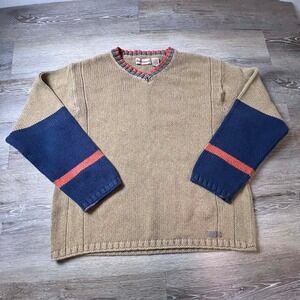 Ruff Hewn Sweater Mens XL Tan Navy Blue Orange Striped V-Neck Chunky Knit AP22